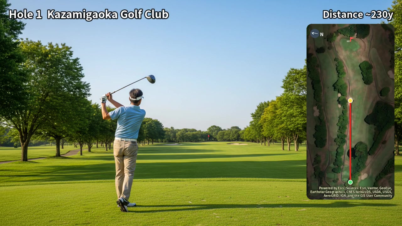 Sample video frame: tee shot with captions and hole map