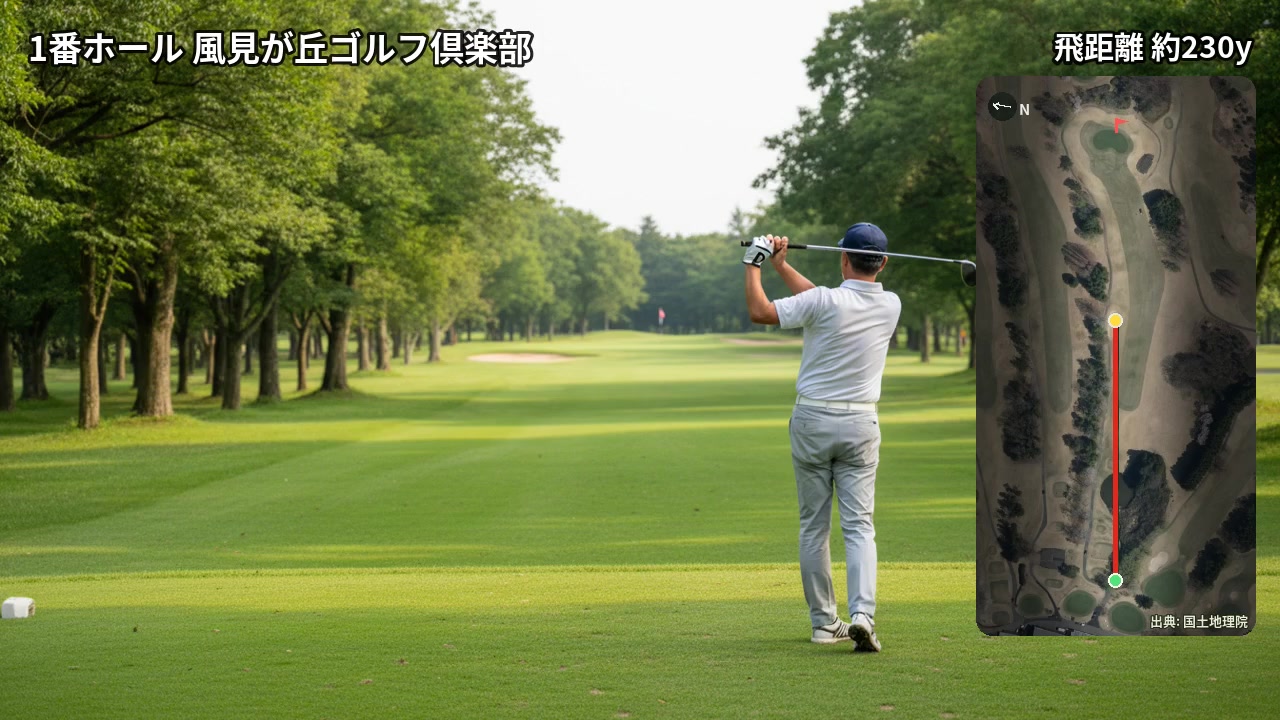 生成動画のイメージ: ティーショット(テロップ・ホールマップ付き)